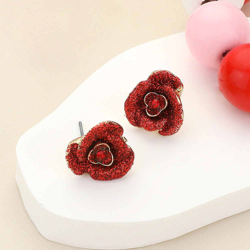 Glittered Rose Stud Earrings