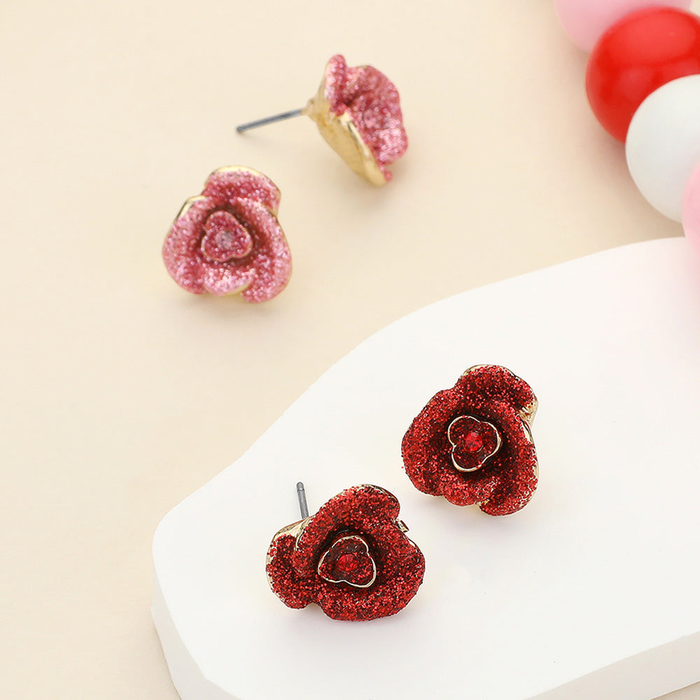 Glittered Rose Stud Earrings