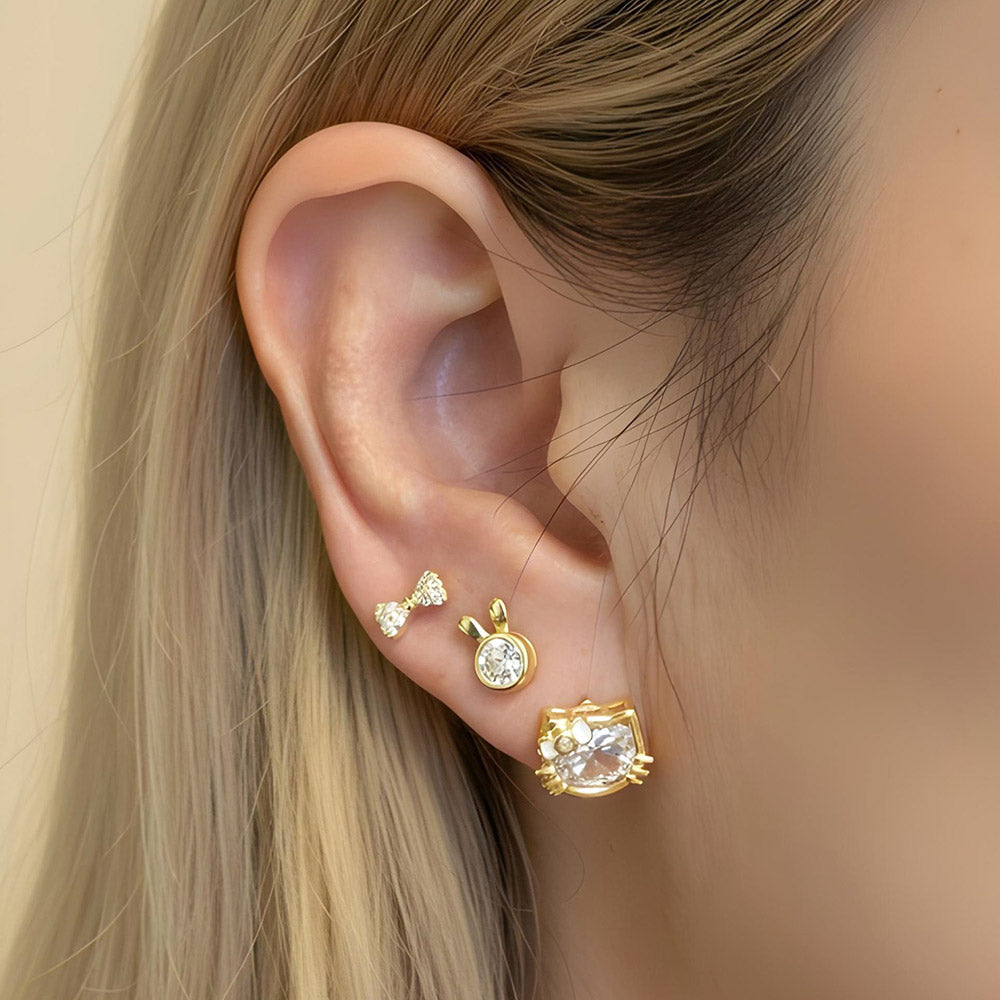 Madeline Love Gold 14K Gold Dipped CZ Accent Cute Mini Bow Bunny Kitty Stud Earring Set