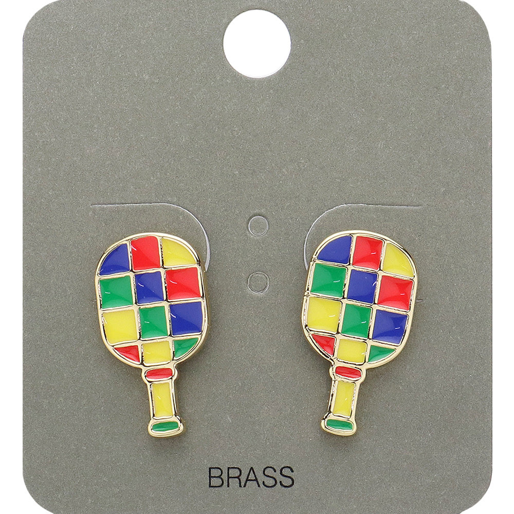 Gold, Multi Enamel Checkered Pickleball Paddle Stud Earrings