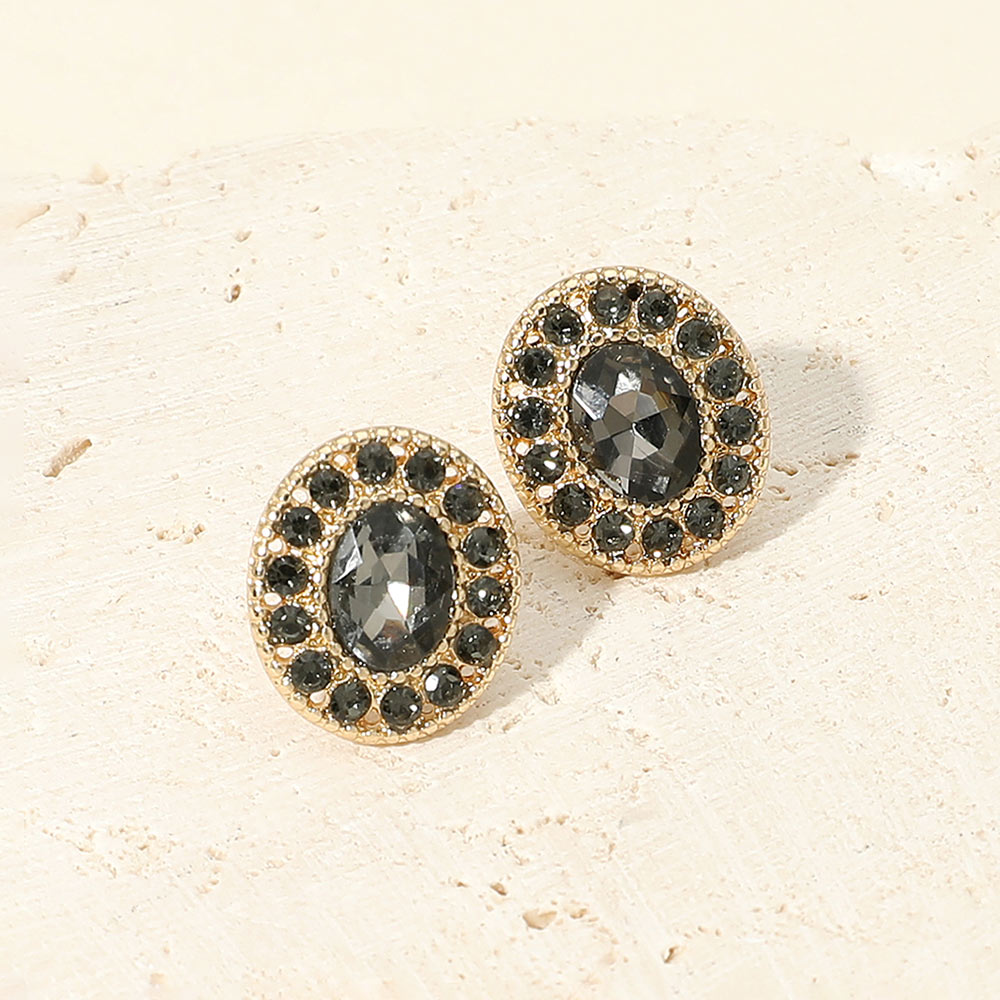 Madeline Love Black Diamond, Gold Oval Rhinestone Halo Stud Earrings