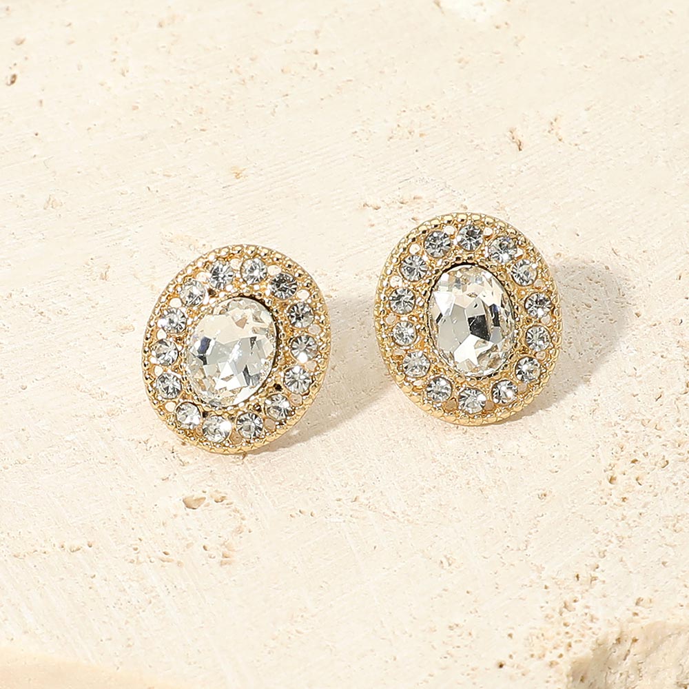 Madeline Love Clear, Gold Oval Rhinestone Halo Stud Earrings