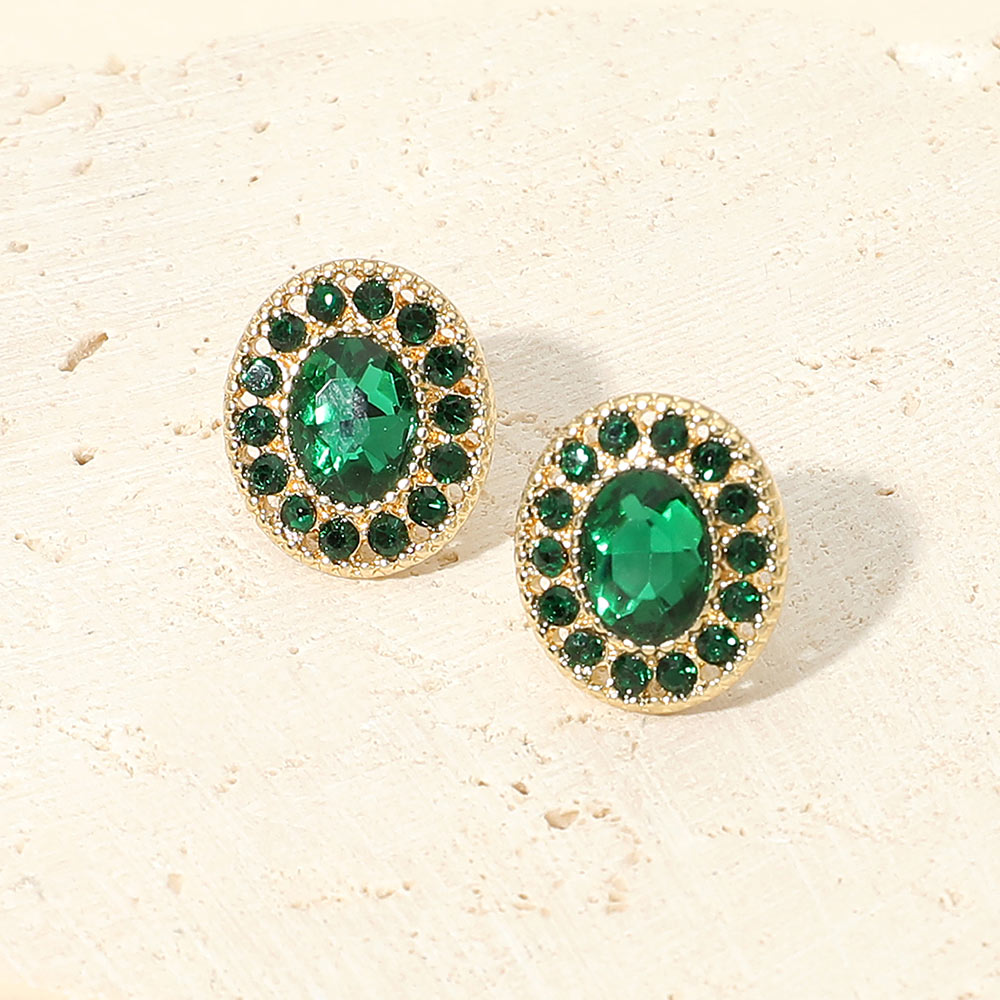 Madeline Love Emerald, Gold Oval Rhinestone Halo Stud Earrings