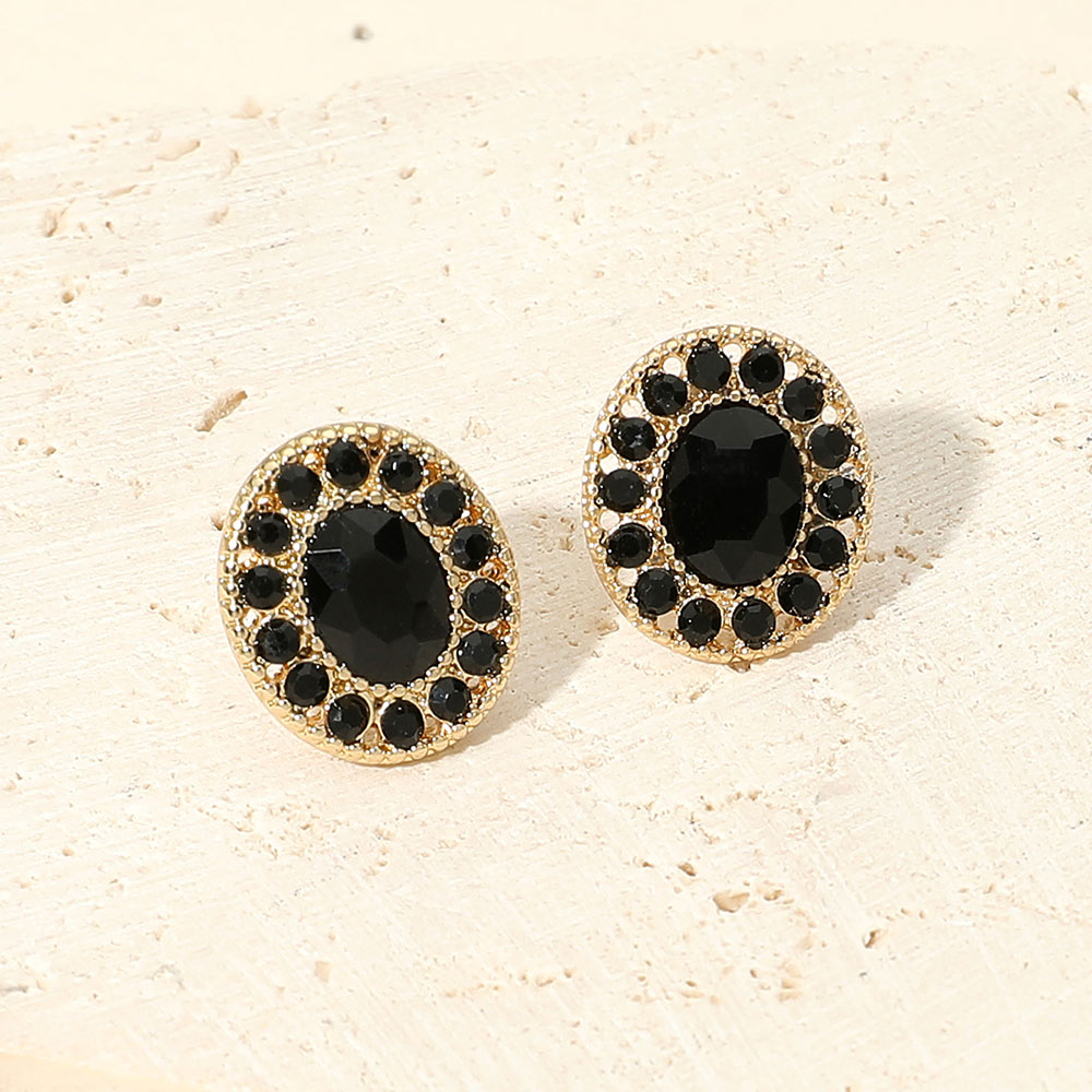 Madeline Love Gold, Jet Black Oval Rhinestone Halo Stud Earrings
