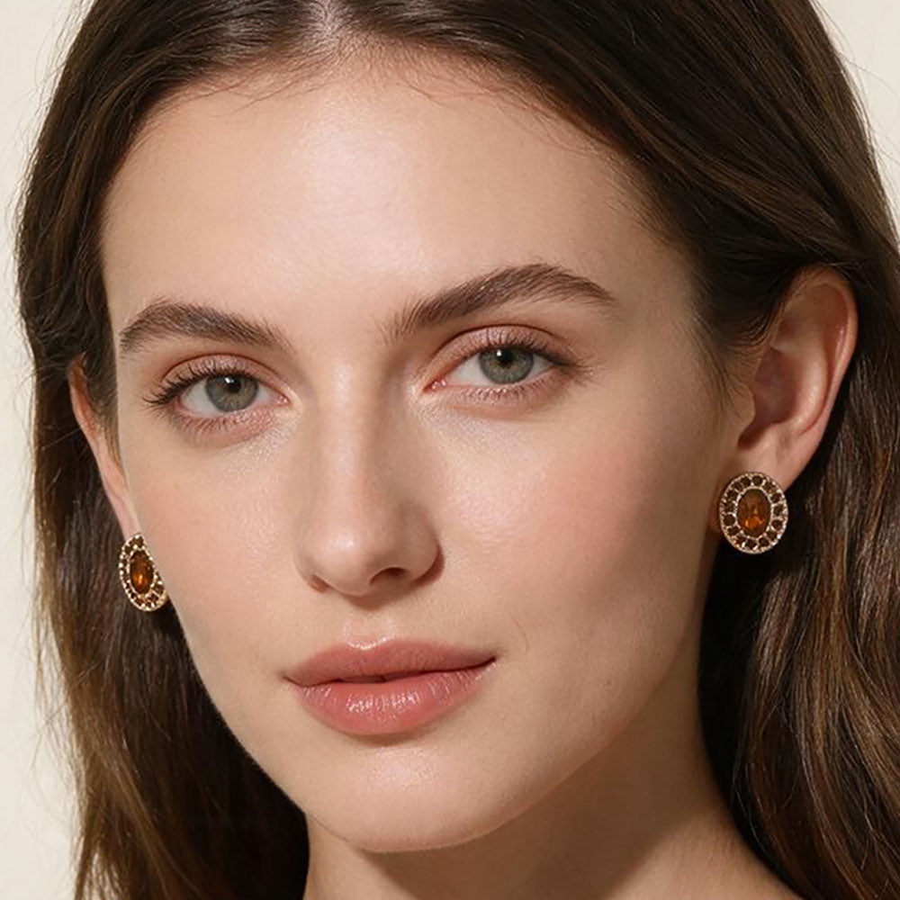 Madeline Love Brown, Gold Oval Rhinestone Halo Stud Earrings