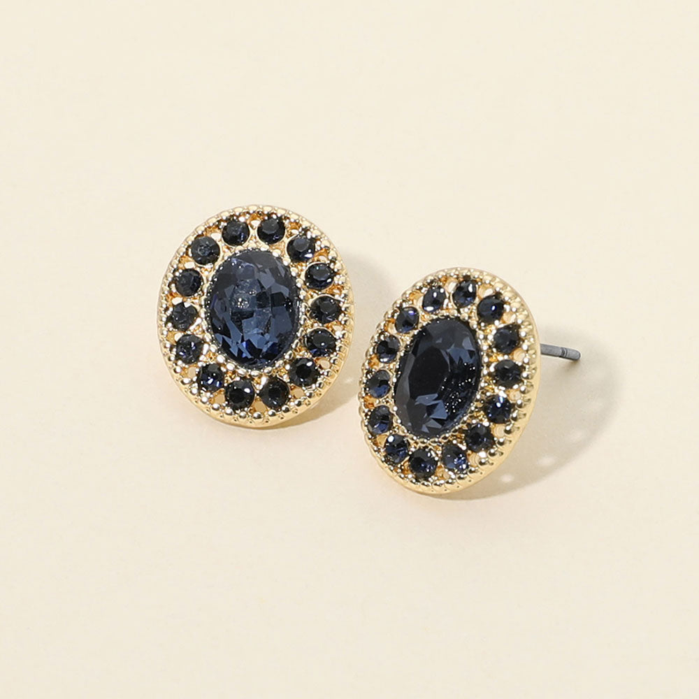 Madeline Love Gold, Navy Oval Rhinestone Halo Stud Earrings