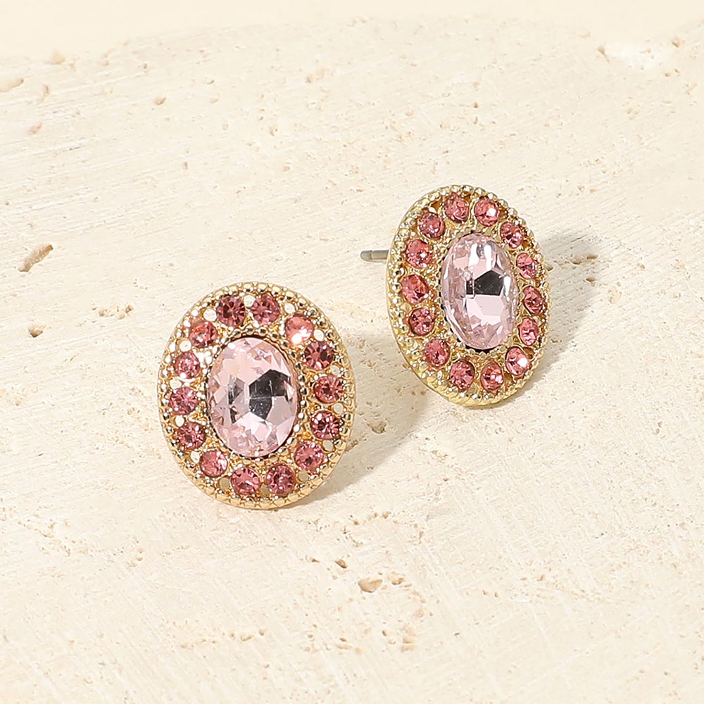 Madeline Love Gold, Pink Oval Rhinestone Halo Stud Earrings