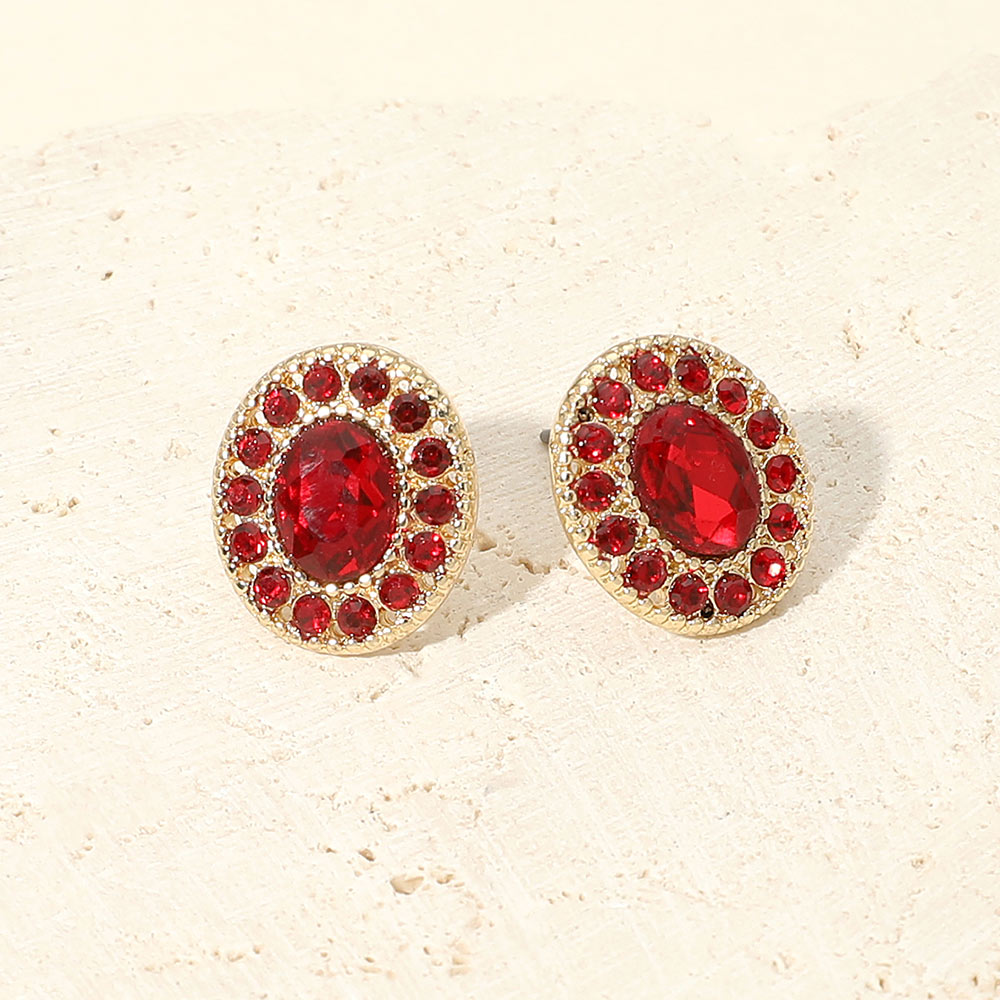 Madeline Love Gold, Siam Oval Rhinestone Halo Stud Earrings
