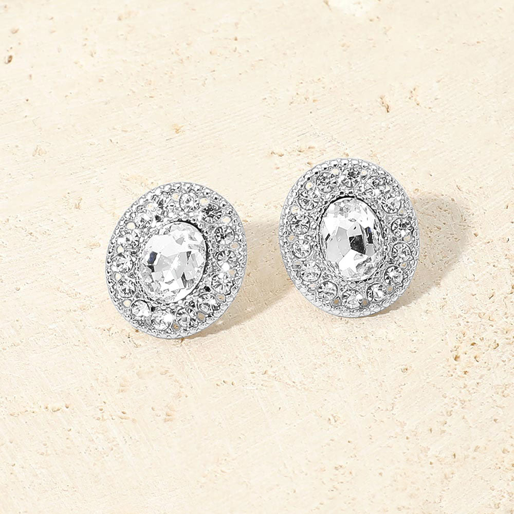 Madeline Love Clear, Rhodium Oval Rhinestone Halo Stud Earrings