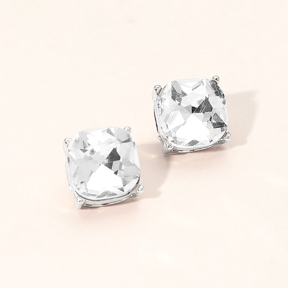 Madeline Love Clear, Rhodium Square Cushion Stud Earrings