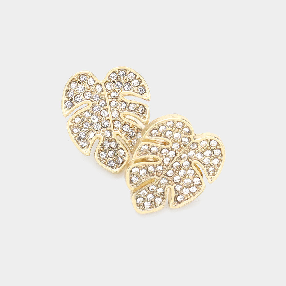 Madeline Love Gold Rhinestone Embellished Tropical Leaf Stud Earrings