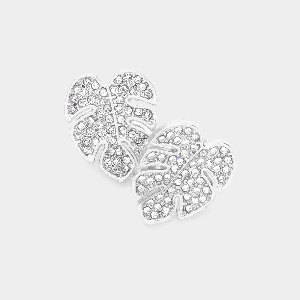 Madeline Love Rhodium Rhinestone Embellished Tropical Leaf Stud Earrings