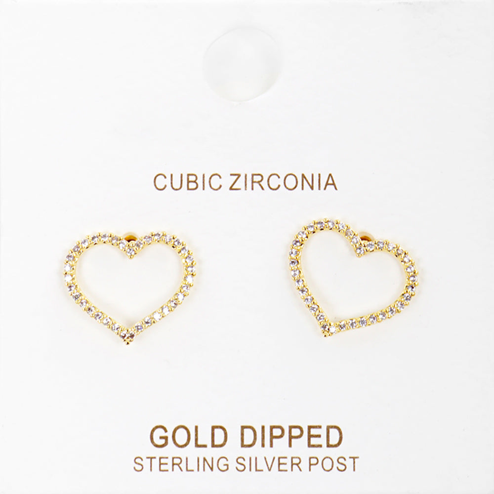 Gold Dipped CZ Stone Paved Open Heart Stud Earrings