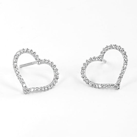 White Gold Dipped CZ Stone Paved Open Heart Stud Earrings