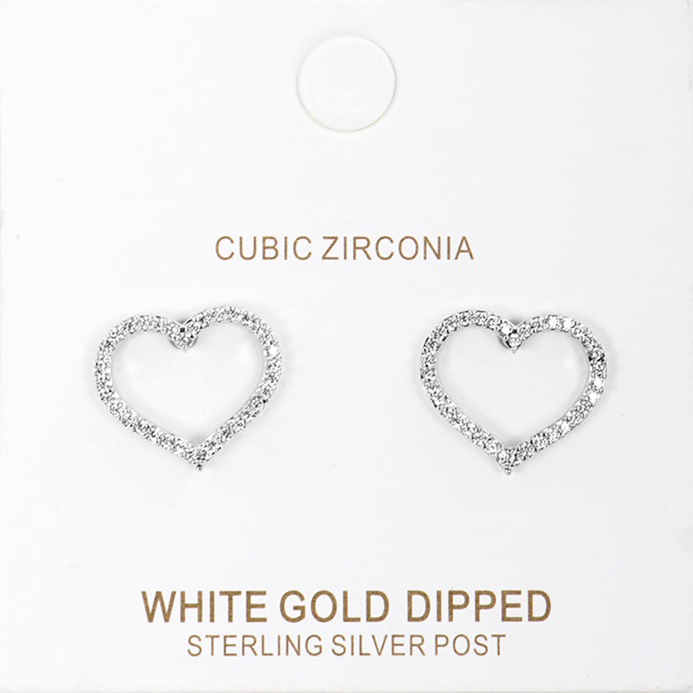 White Gold Dipped CZ Stone Paved Open Heart Stud Earrings