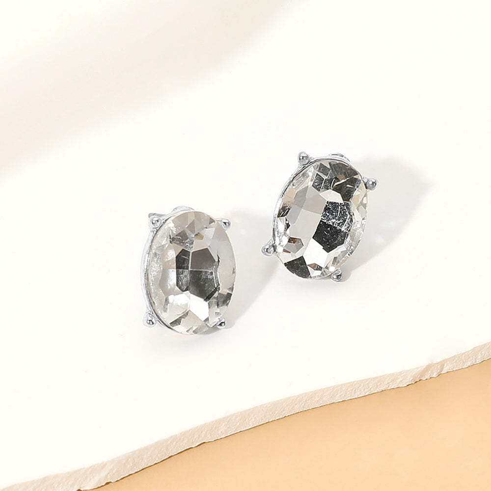Madeline Love Clear, Rhodium Oval Faceted Stone Stud Earrings