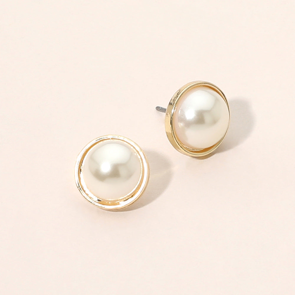 Madeline Love Cream, Gold Classic Round Pearl Stud Earrings