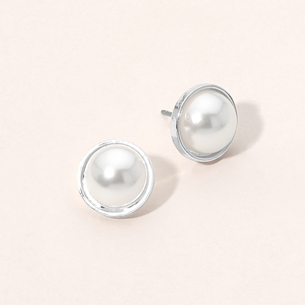 Madeline Love Cream, Rhodium Classic Round Pearl Stud Earrings