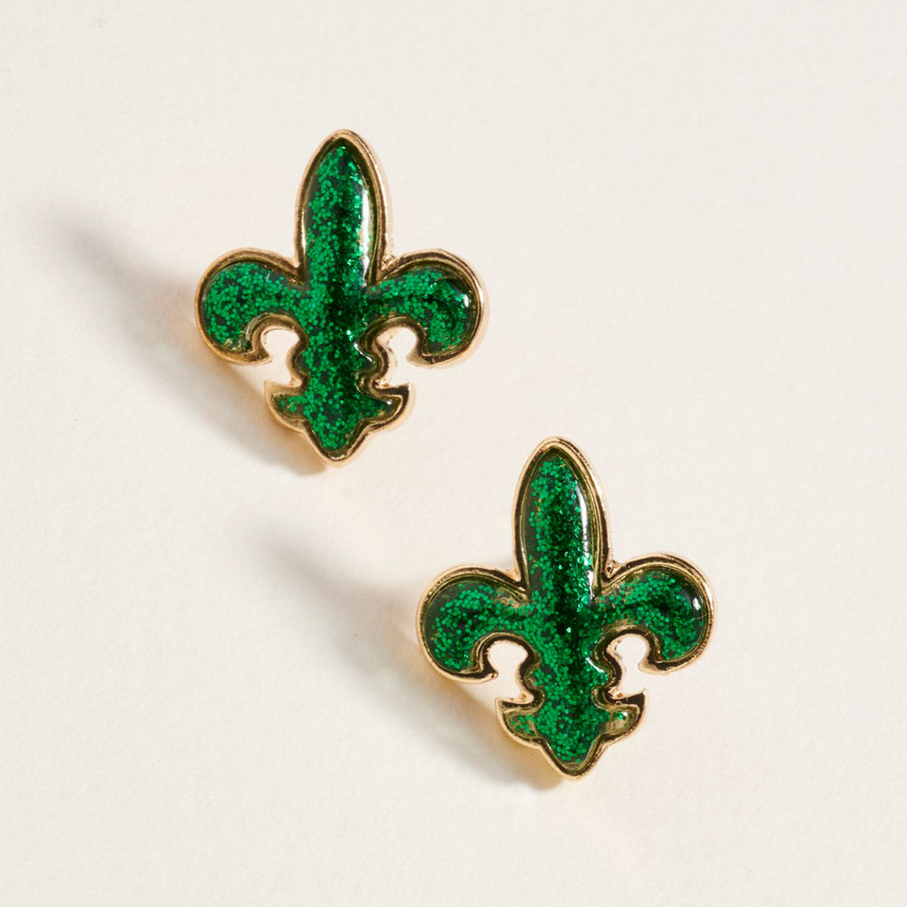 Green Sequin Mardi Gras Fleur de Lis Stud Earrings