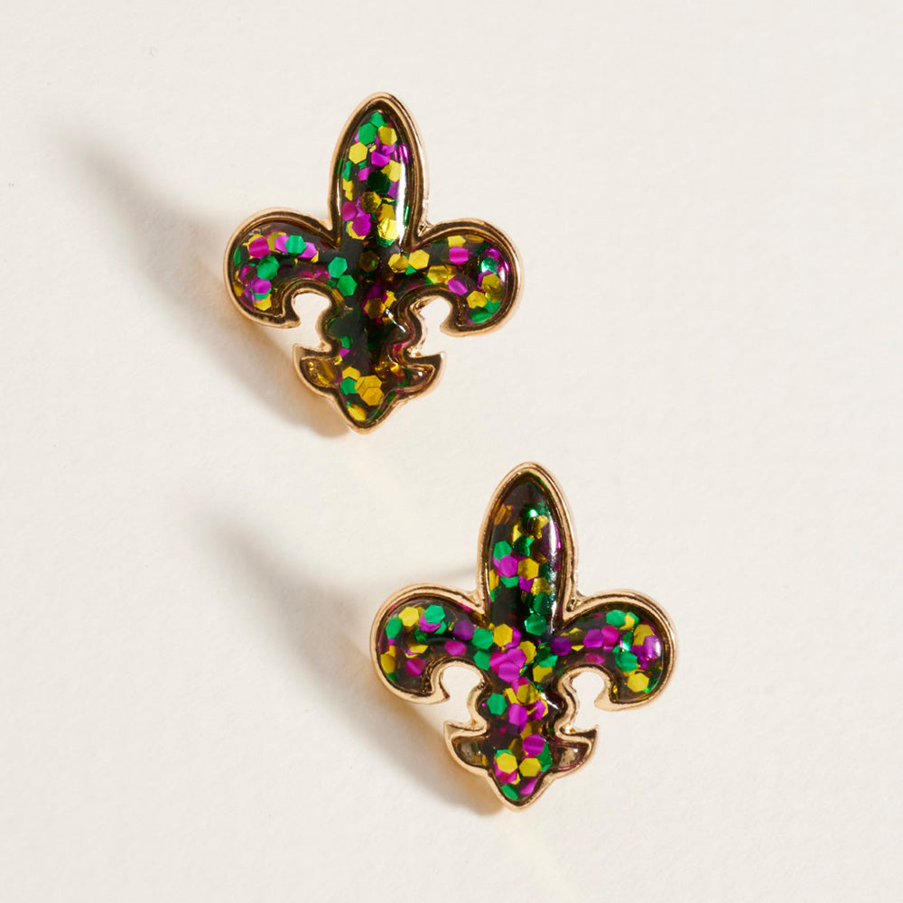Multi Sequin Mardi Gras Fleur de Lis Stud Earrings