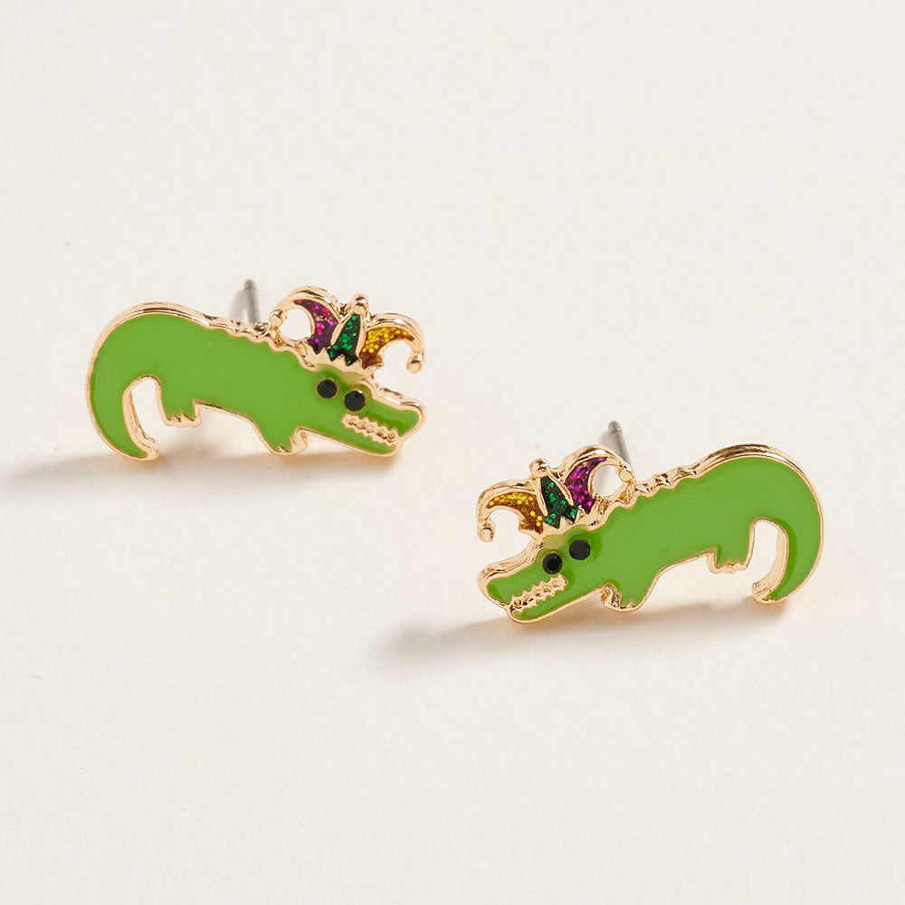 Green Enamel Mardi Gras Alligator Stud Earrings