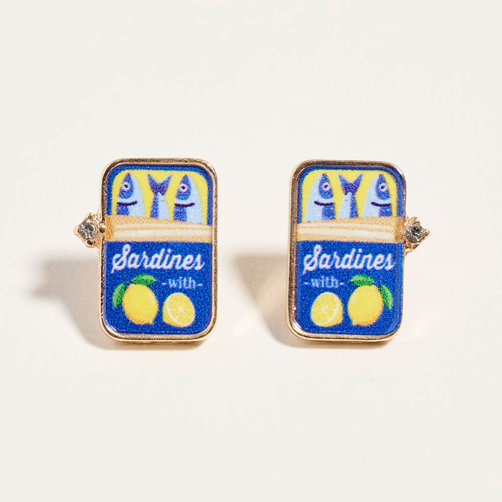 Madeline Love Blue, Gold Sardine Can Stud Earrings
