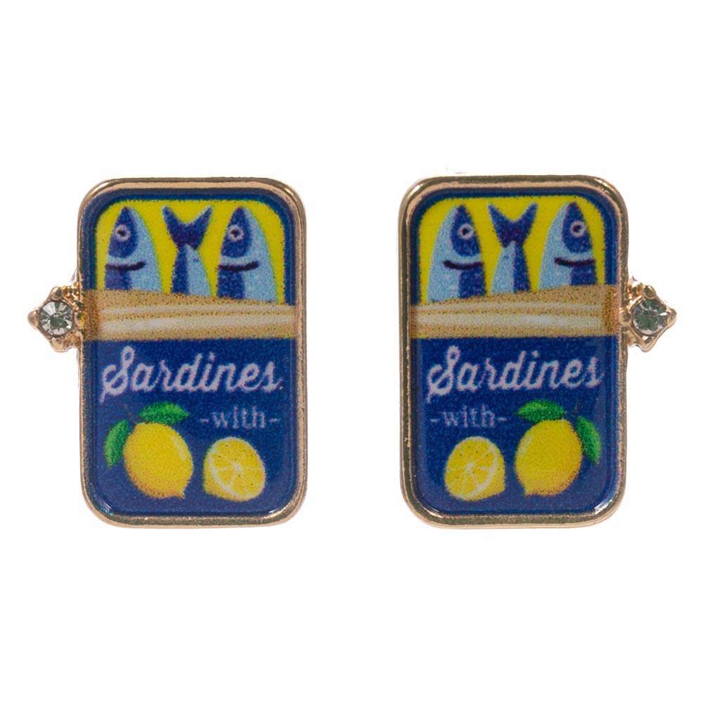 Madeline Love Blue, Gold Sardine Can Stud Earrings - desc