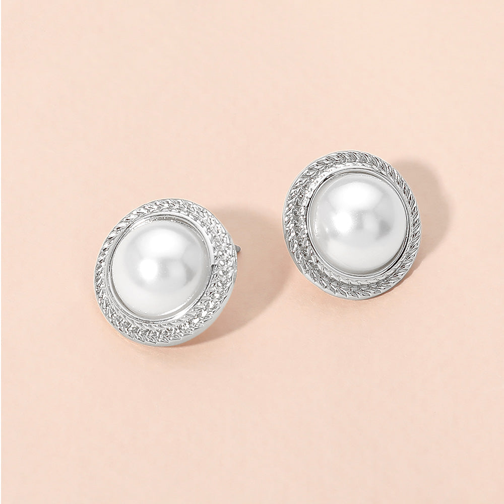 Madeline Love Rhodium, White Textured Frame Classic Pearl Stud Earrings