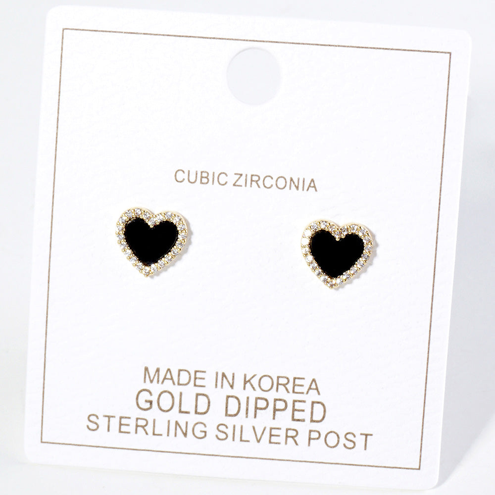 Gold Dipped CZ Stone Paved Rim Heart Stud Earrings