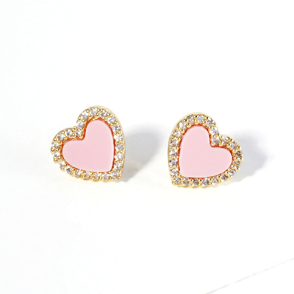 Gold Dipped CZ Stone Paved Rim Heart Stud Earrings