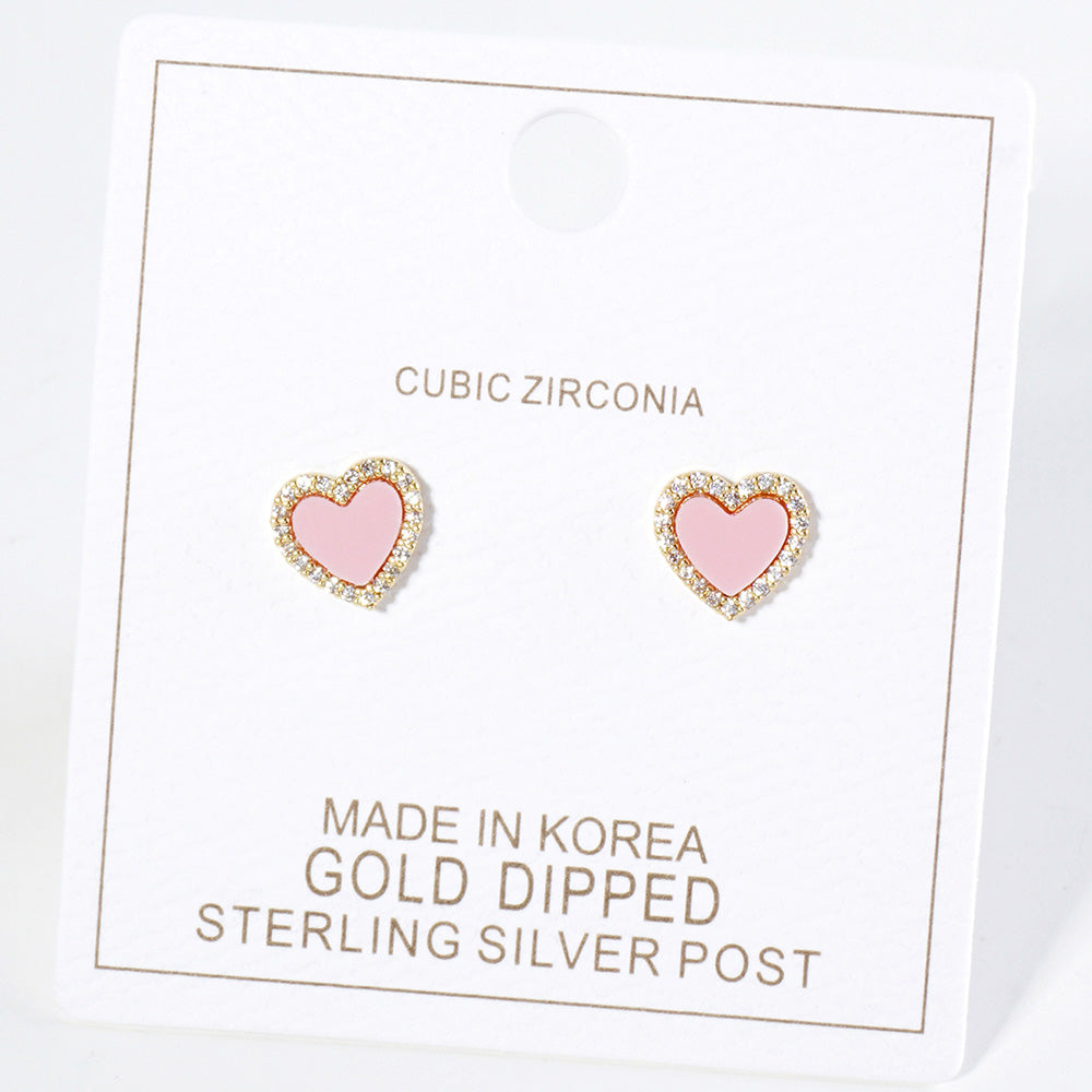 Gold Dipped CZ Stone Paved Rim Heart Stud Earrings