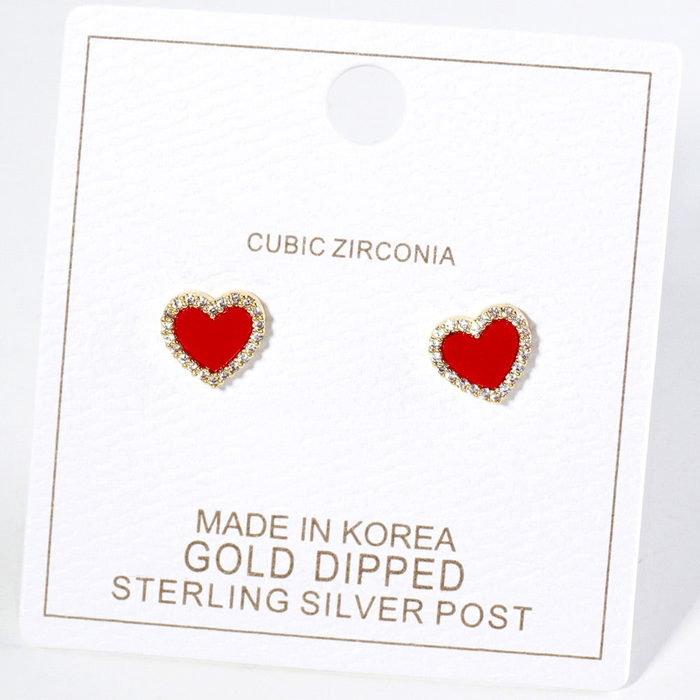 Gold Dipped CZ Stone Paved Rim Heart Stud Earrings