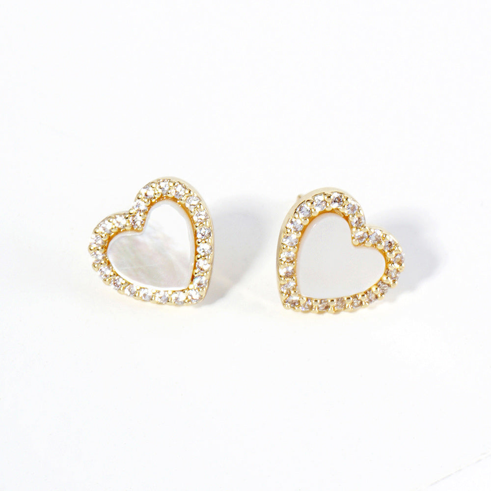 Gold Dipped CZ Stone Paved Rim Mother of Pearl Heart Stud Earrings