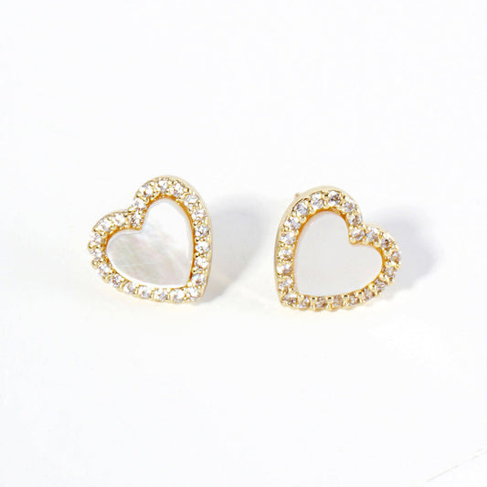 Gold Dipped CZ Stone Paved Rim Mother of Pearl Heart Stud Earrings