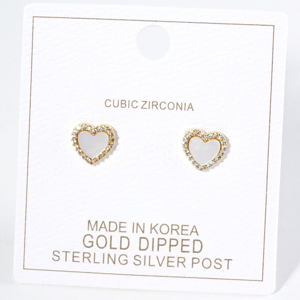 Gold Dipped CZ Stone Paved Rim Mother of Pearl Heart Stud Earrings