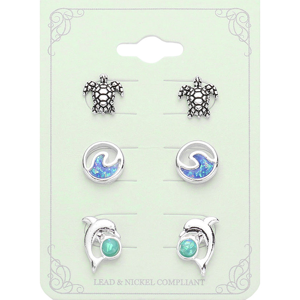 Multi, Silver 3Pairs - Sea Turtle Wave Dolphin Stud Earrings Set
