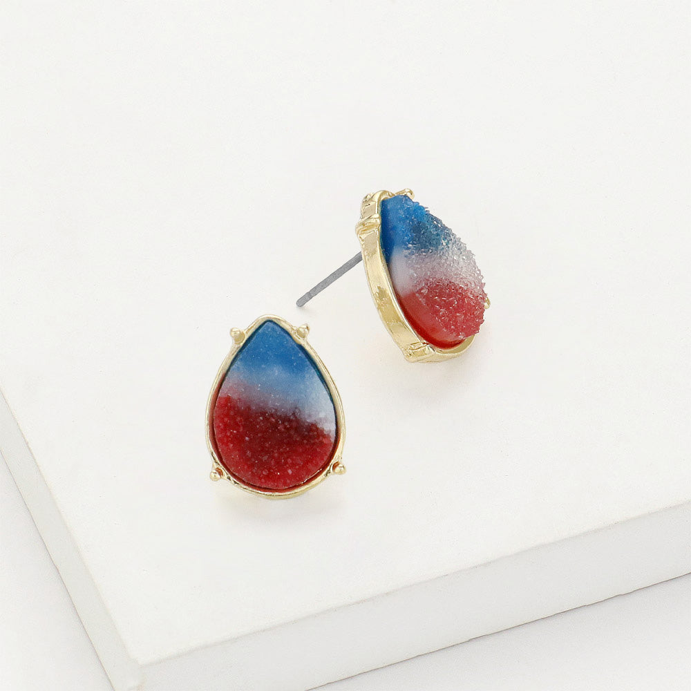 Madeline Love Gold, Multi American USA Flag Theme Druzy Teardrop Stud Earrings