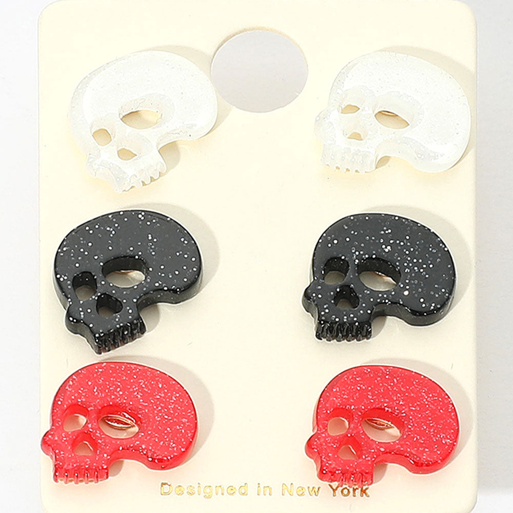 Madeline Love Black, Red, White 3Pairs - Glittered Resin Skull Stud Earring Set - Earrings