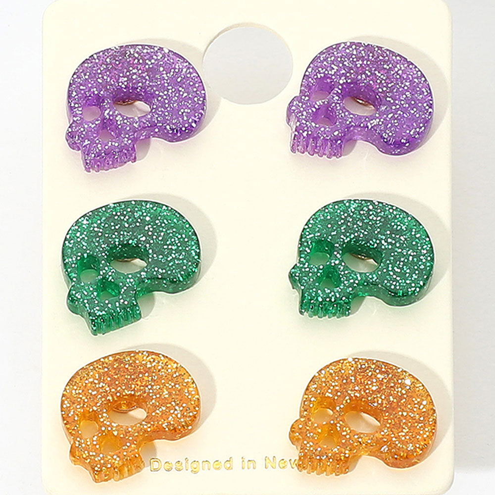 Madeline Love Gold, Green, Purple 3Pairs - Glittered Resin Skull Stud Earring Set - Earrings