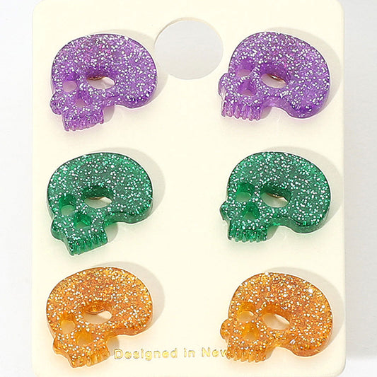 Madeline Love Gold, Green, Purple 3Pairs - Glittered Resin Skull Stud Earring Set - Earrings