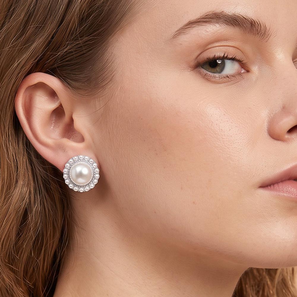 Madeline Love Silver Beaded Pearl Halo Stud Earrings