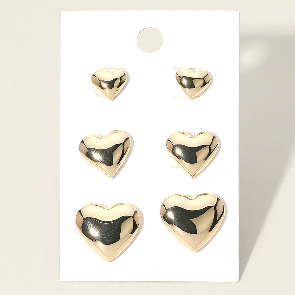 Madeline Love Gold 3Pairs - Metal Heart Stud Earring Set - Earrings