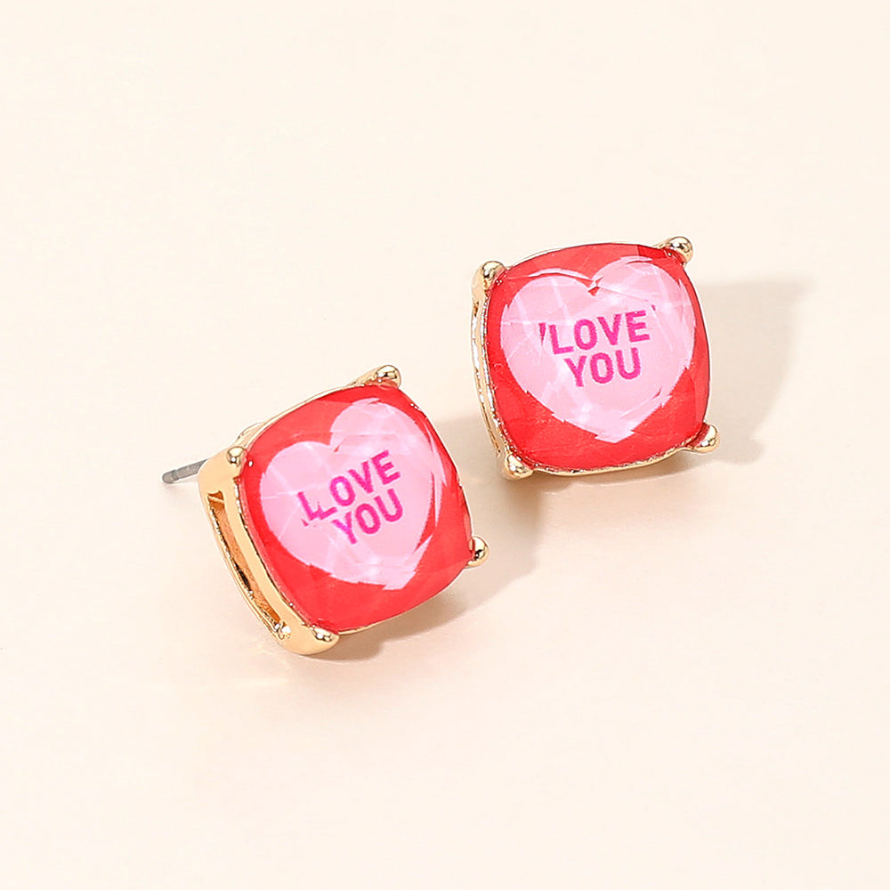 Madeline Love Pink, Red LOVE YOU Message Heart Square Cushion Stud Earrings