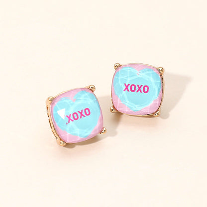 Madeline Love Blue, Pink XOXO Message Heart Square Cushion Stud Earrings