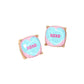 Madeline Love Blue, Pink XOXO Message Heart Square Cushion Stud Earrings - desc