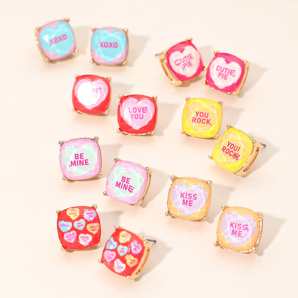 Madeline Love Blue, Pink XOXO Message Heart Square Cushion Stud Earrings - extra