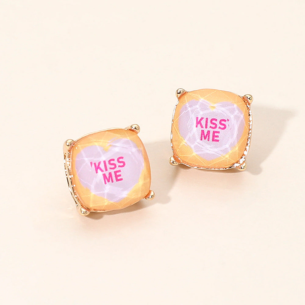 Madeline Love Lavender, Orange KISS ME Message Heart Square Cushion Stud Earrings