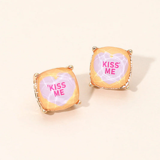 Madeline Love Lavender, Orange KISS ME Message Heart Square Cushion Stud Earrings