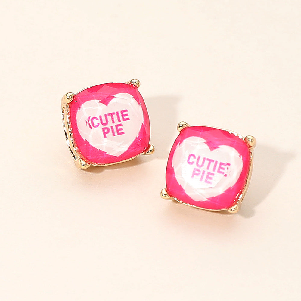 Madeline Love Fuchsia CUTIE PIE Message Heart Square Cushion Stud Earrings