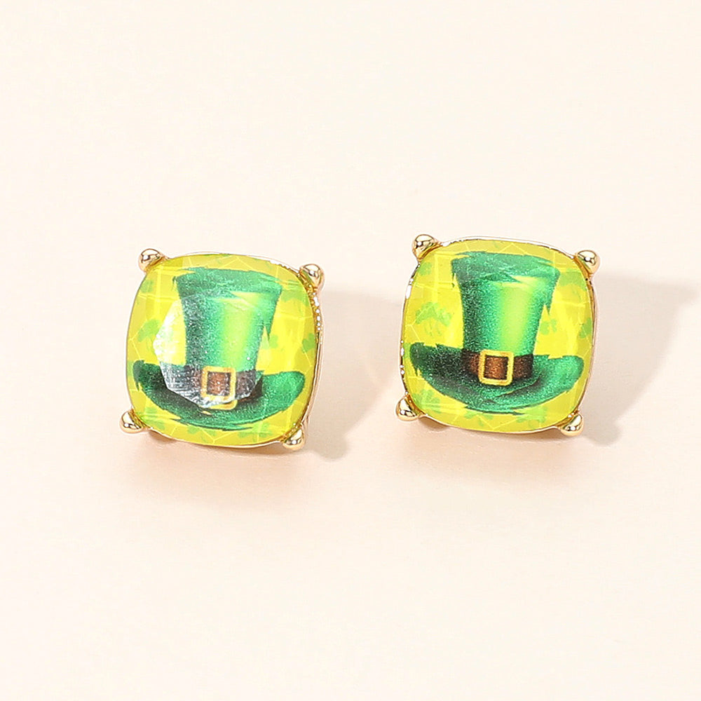 Madeline Love Green, Yellow St Patricks Leprechaun Hat Square Cushion Stud Earrings